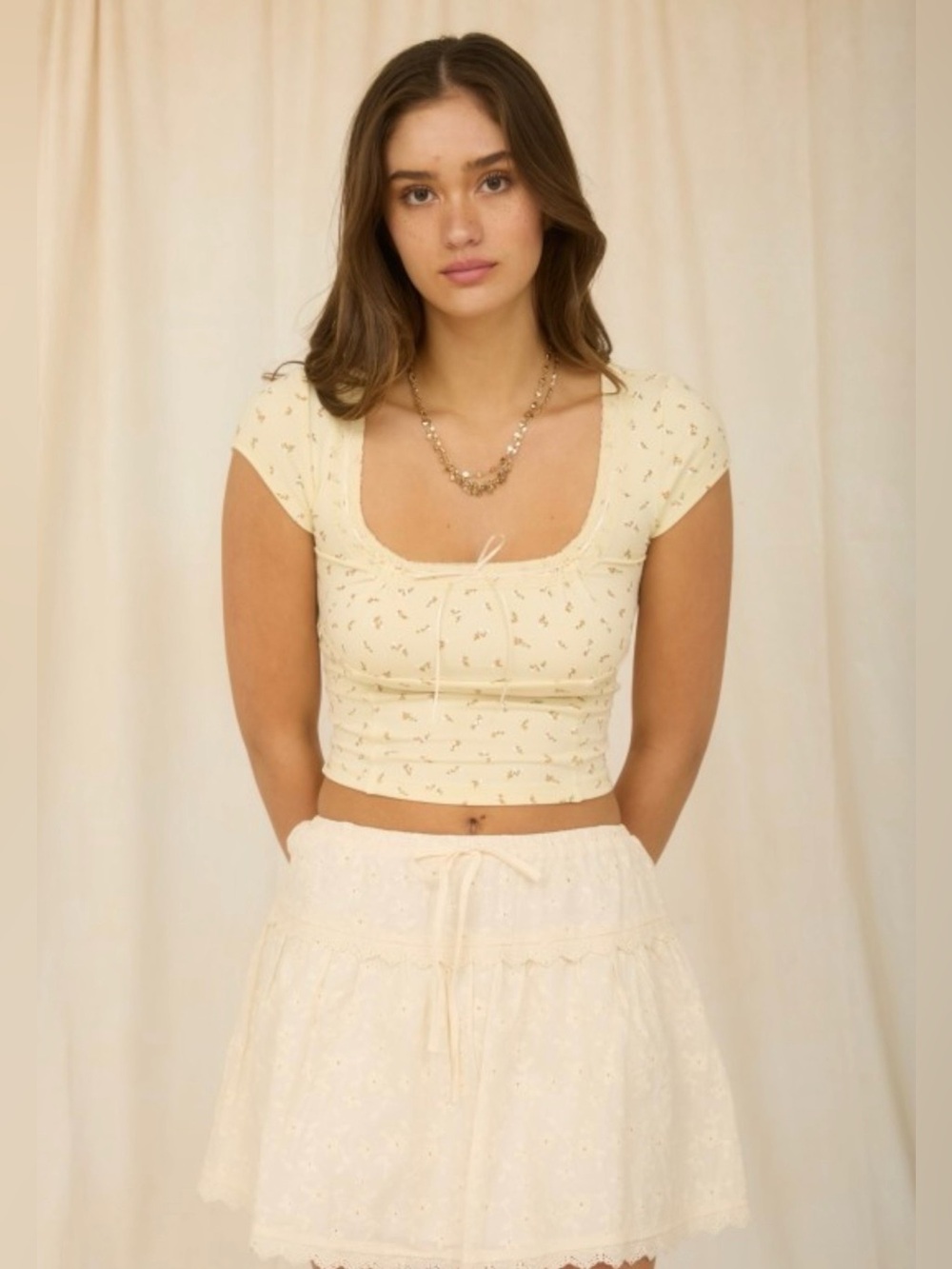 Yellow Floral Scoop-Neck Crop Top